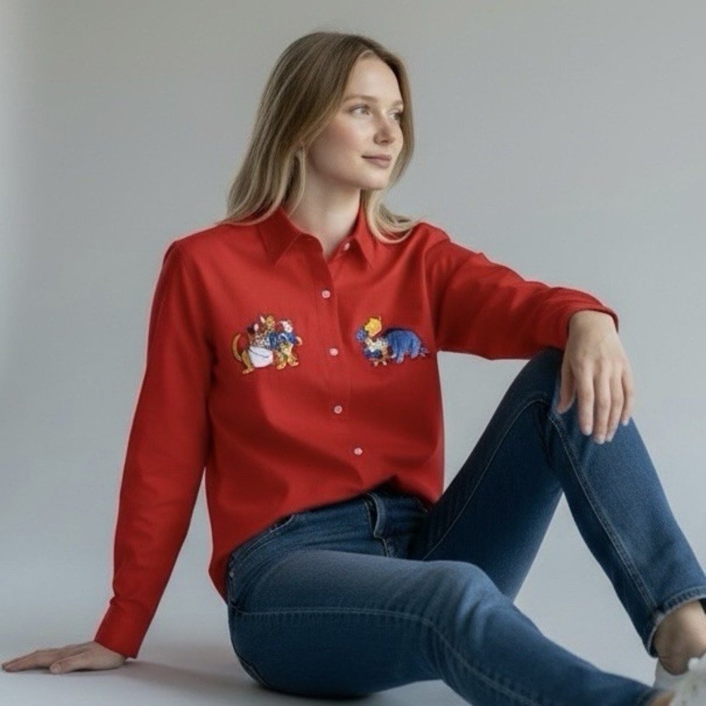 Vintage Disney Store Women's XL Winnie The Pooh Music Red Button‎ Shirt Retro